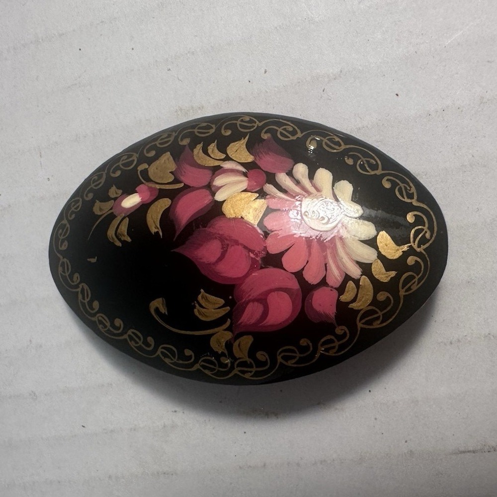 Hand-Painted Floral Oval Brooch Pin Signed Wood Black Pink Gold White